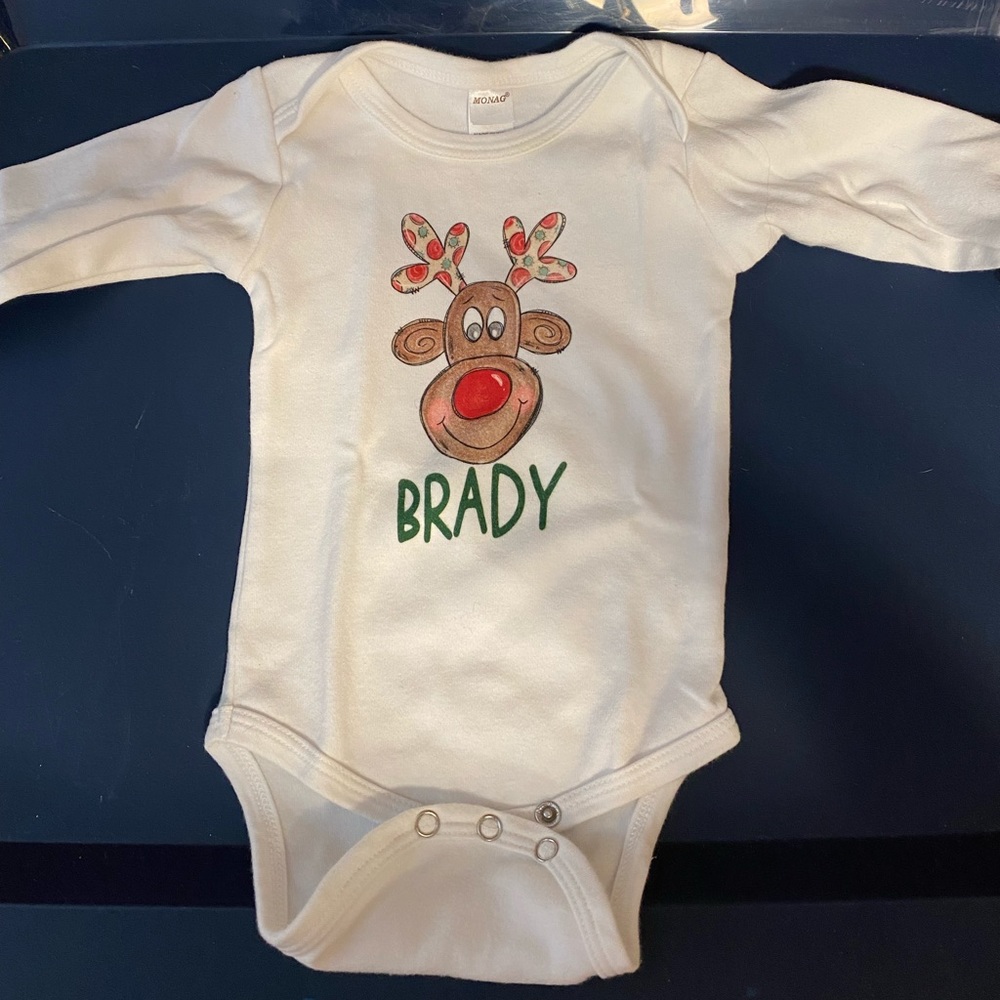 “BRADY” personalized reindeer Christmas onesie